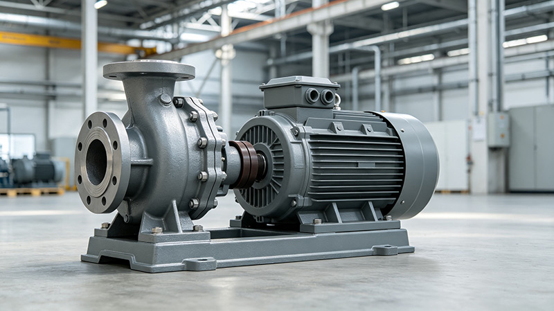 Industrial centrifugal pump coupled to electric motor on a steel base plate showing typical chemical process installation