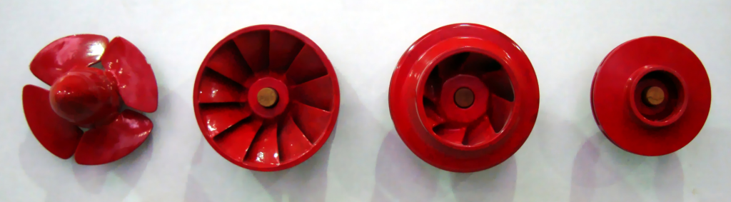Pump impeller display showing axial, mixed-flow and centrifugal impeller designsPump impeller display showing axial, mixed-flow and centrifugal impeller designs